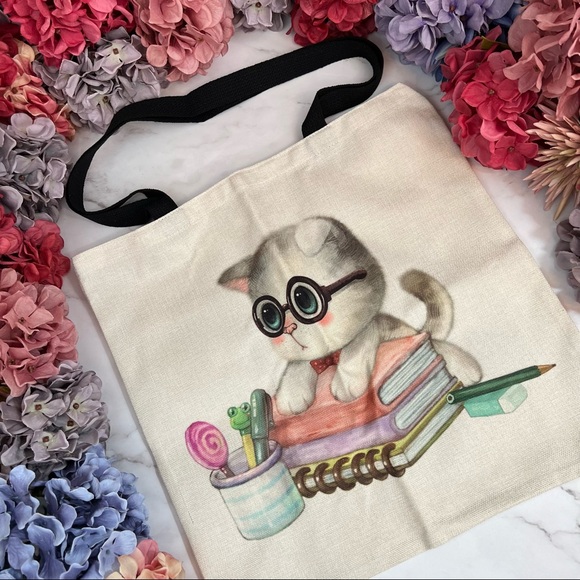 Eco-Friendly Bookworm Kitten Folding Tote Bag - Picture 3 of 15